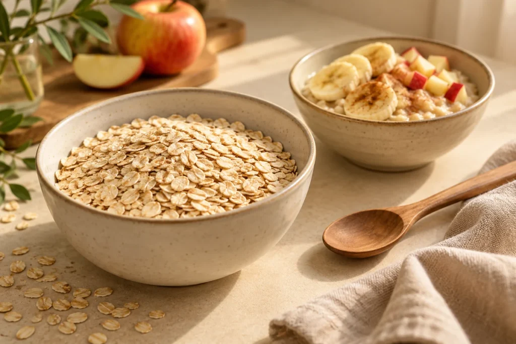 Avena arrollada en un cuenco y un desayuno de avena con banana y manzana